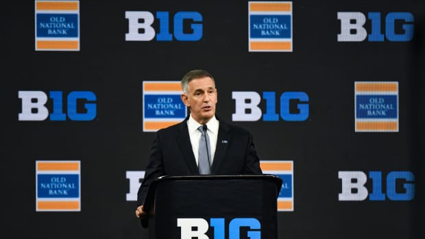 Big Ten commissioner Tony Petitti speaks to the media during Big 10 football media days at Lucas Oil Stadium.